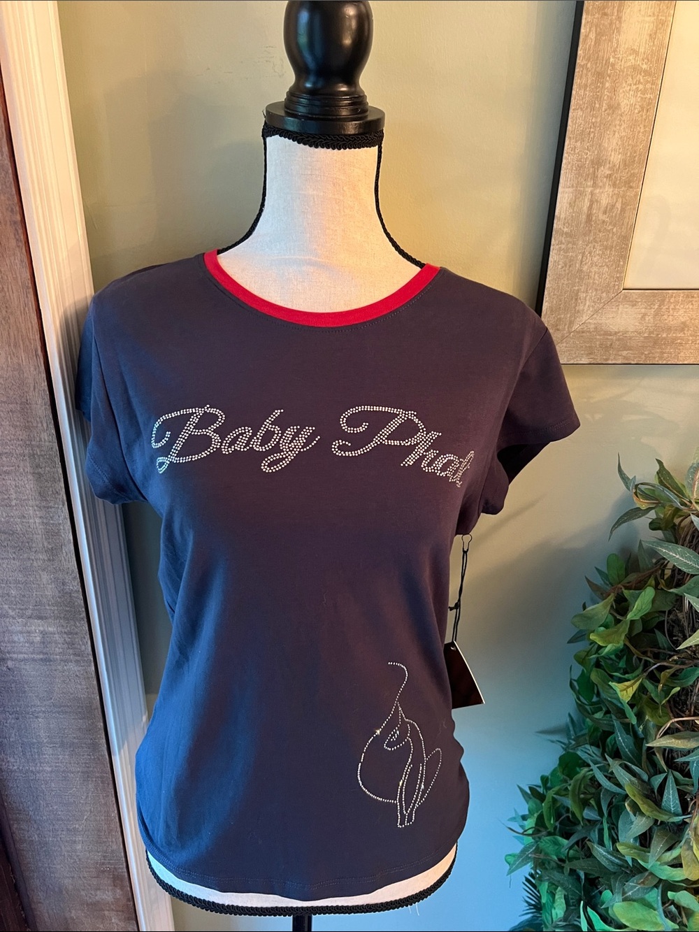 Baby Phat Navy Tee with Red Trim and Rhinestone Logo